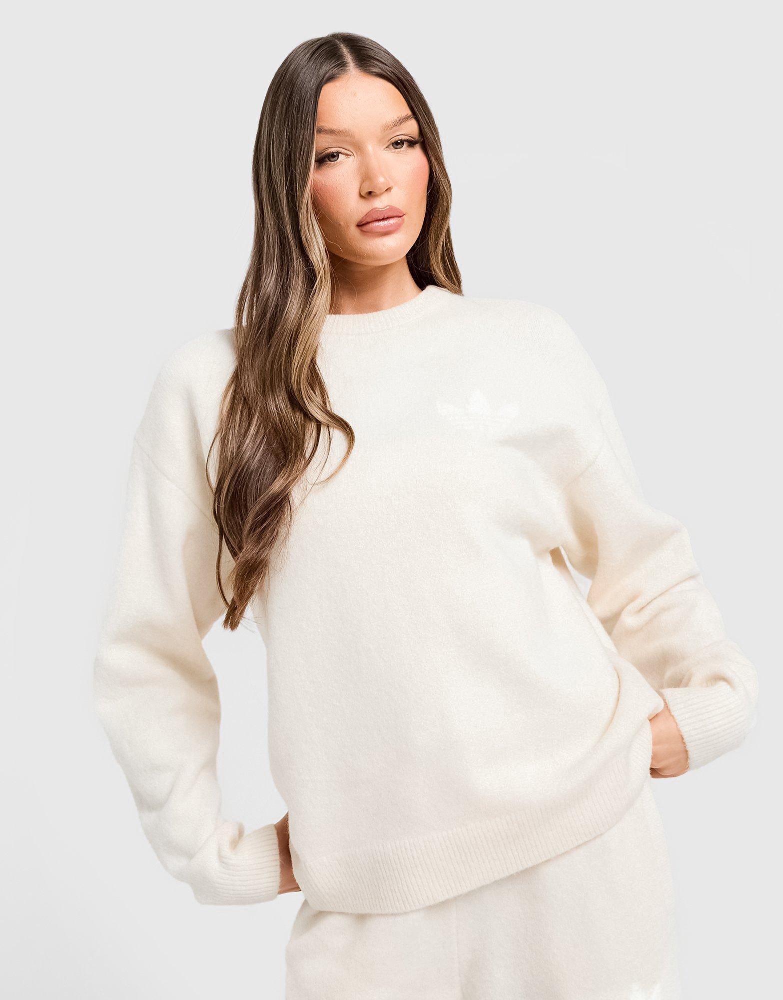 White adidas Originals Trefoil Knit Crew Sweatshirt - JD