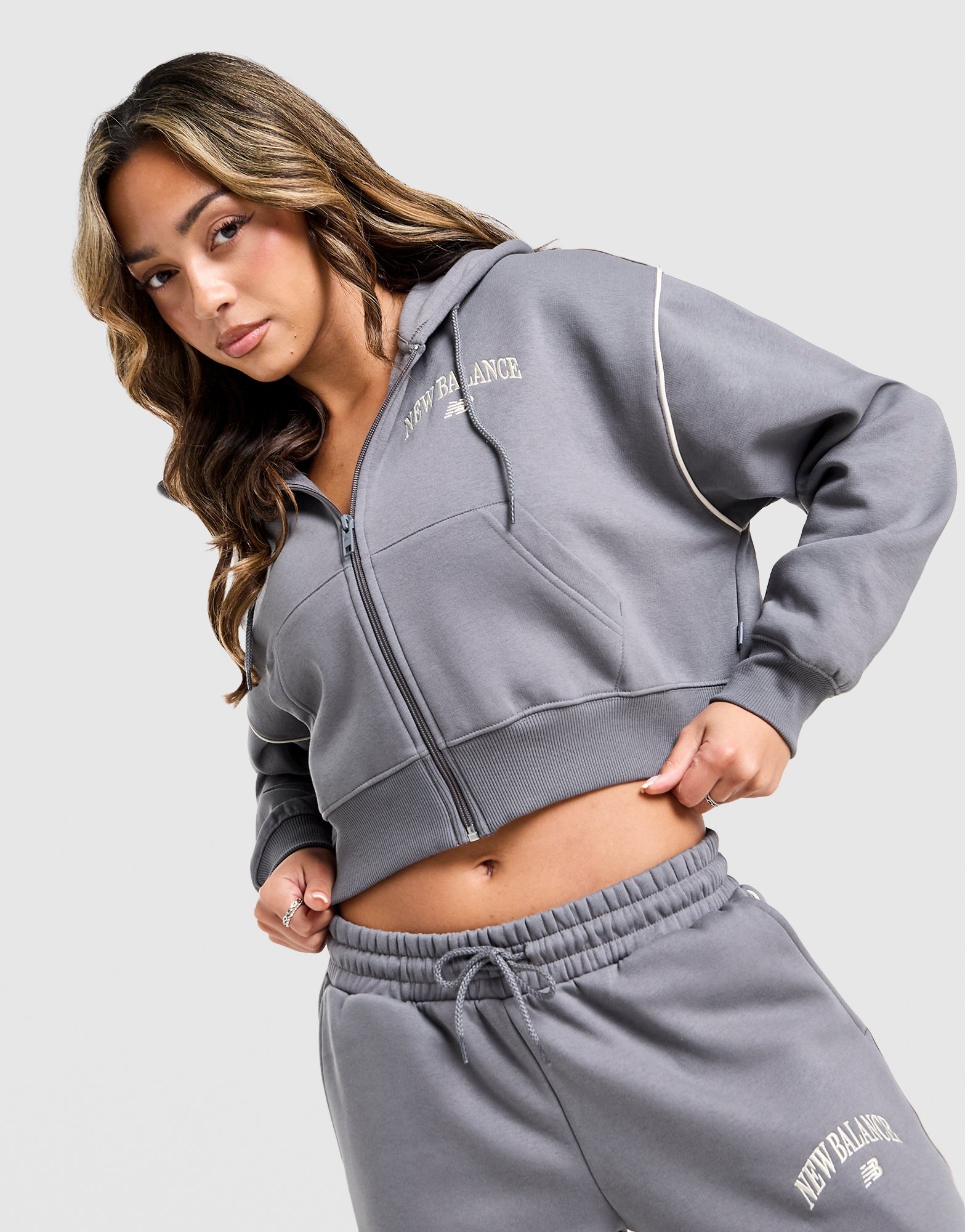 Grey New Balance Varsity Crop Full Zip Hoodie - JD Sports Global