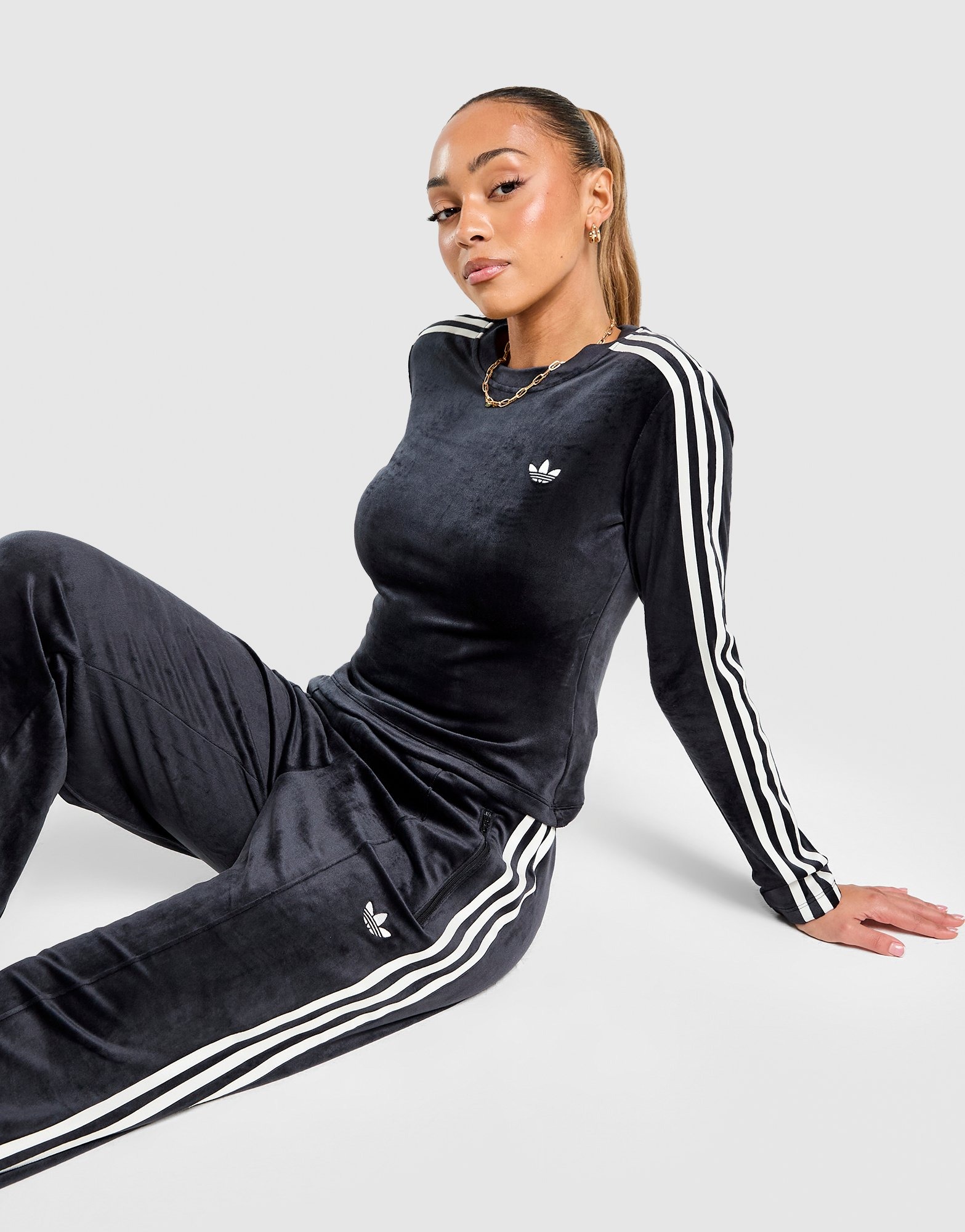 Black adidas Originals Velour 3-Stripes Long Sleeve T-Shirt - JD