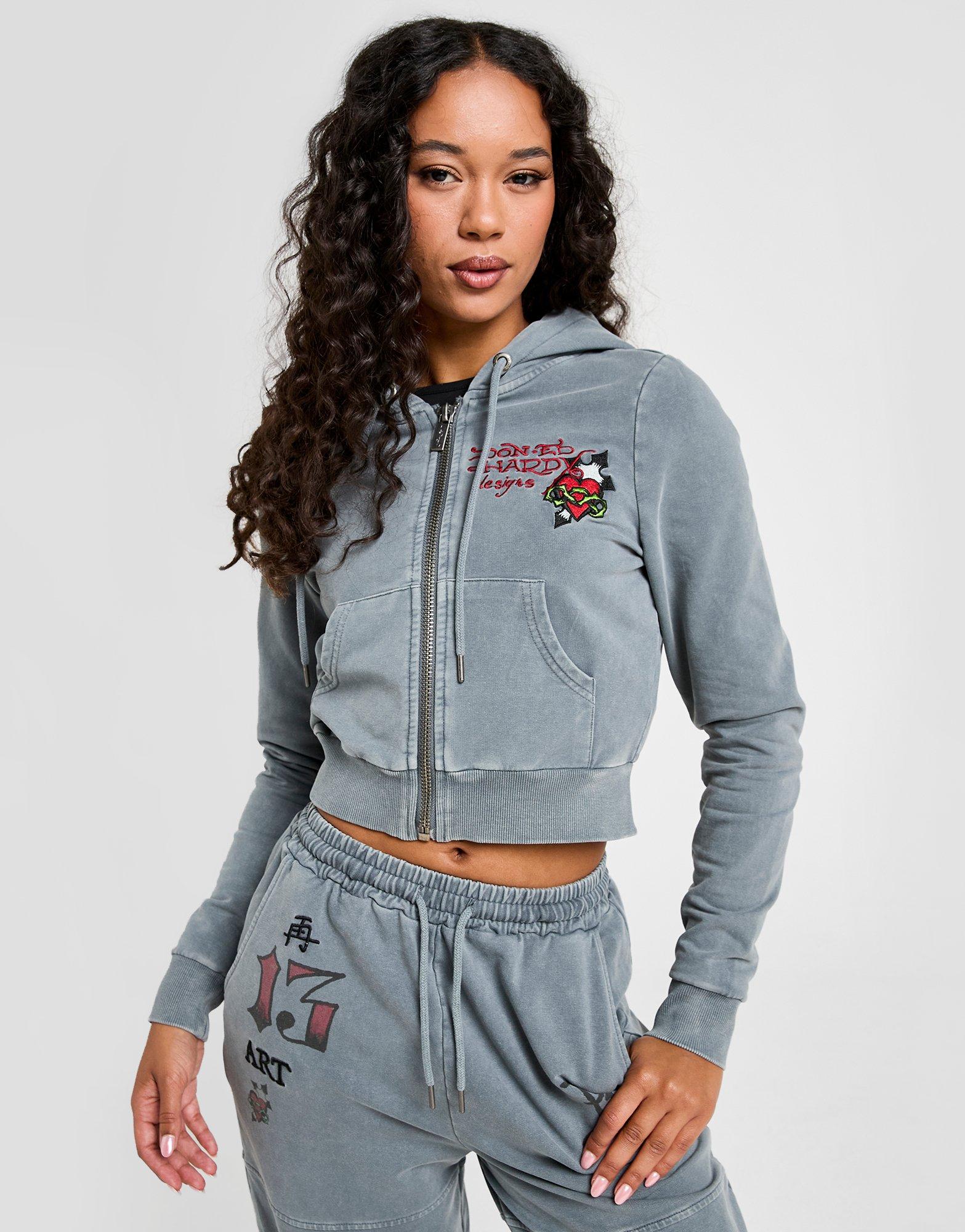 Ed Hardy Flame Tiger Crop Full Zip Hoodie