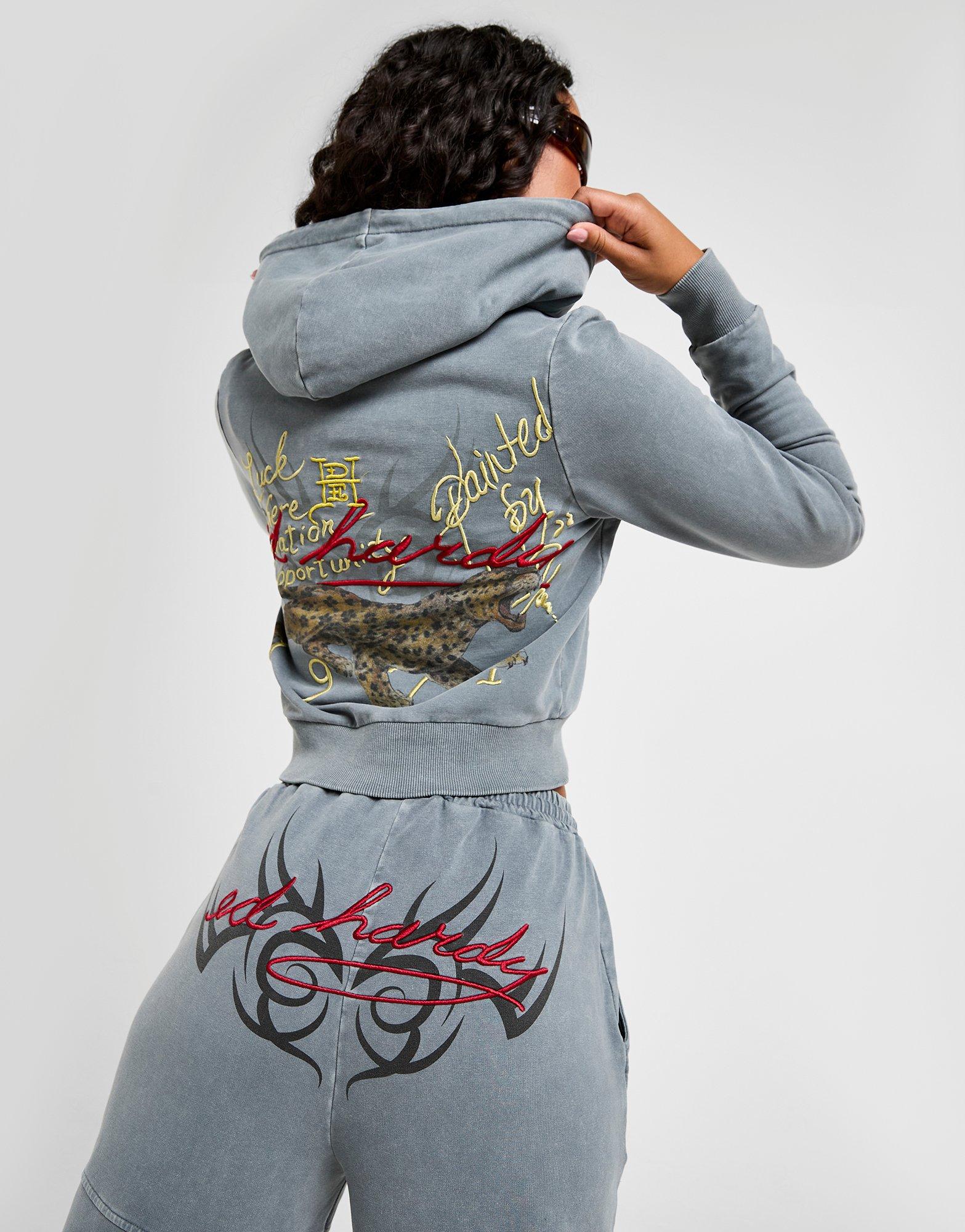 Ed Hardy Felpa con Cappuccio Crop Flame Tiger