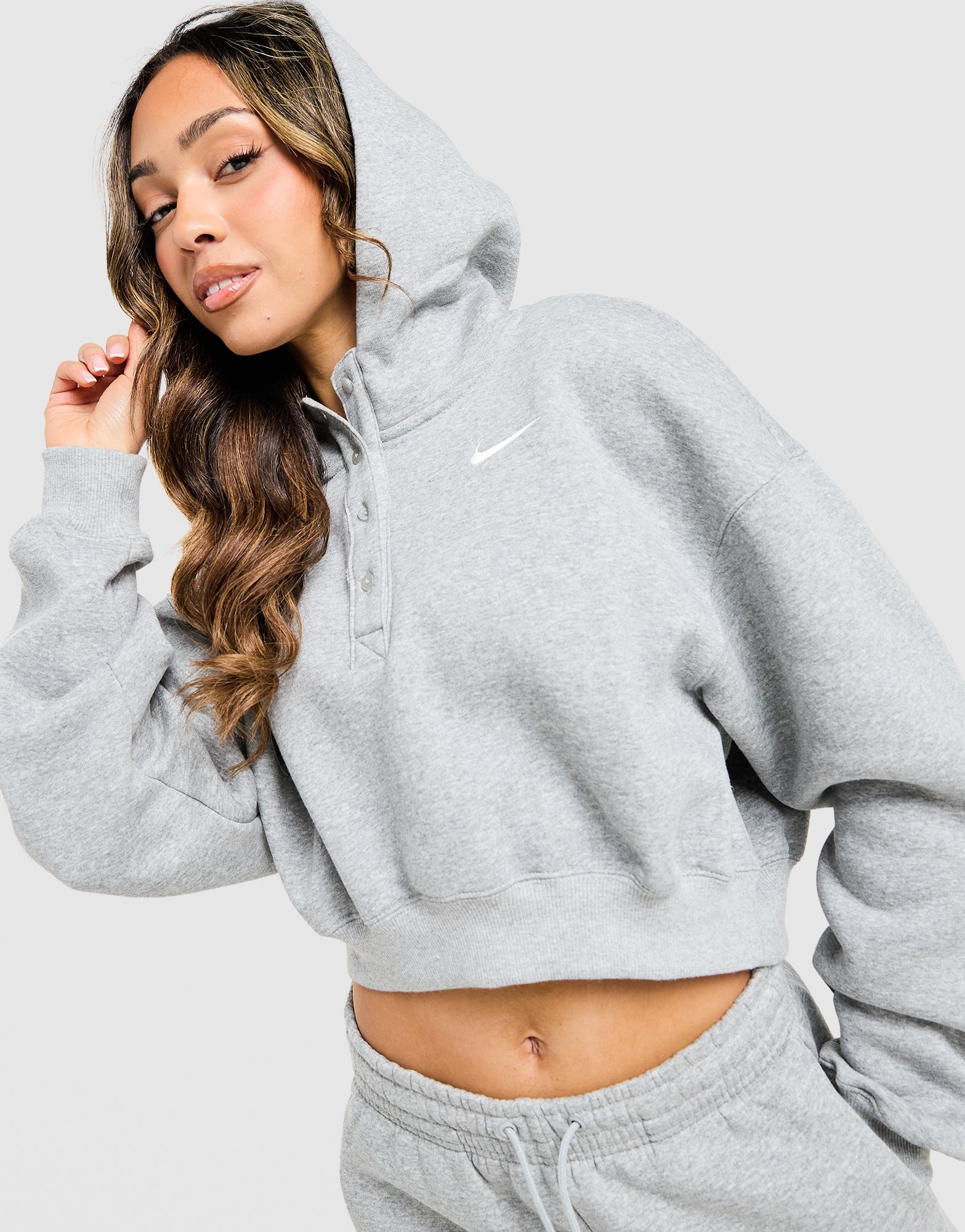 Grey Nike Phoenix Henley Crop Hoodie | JD Sports UK
