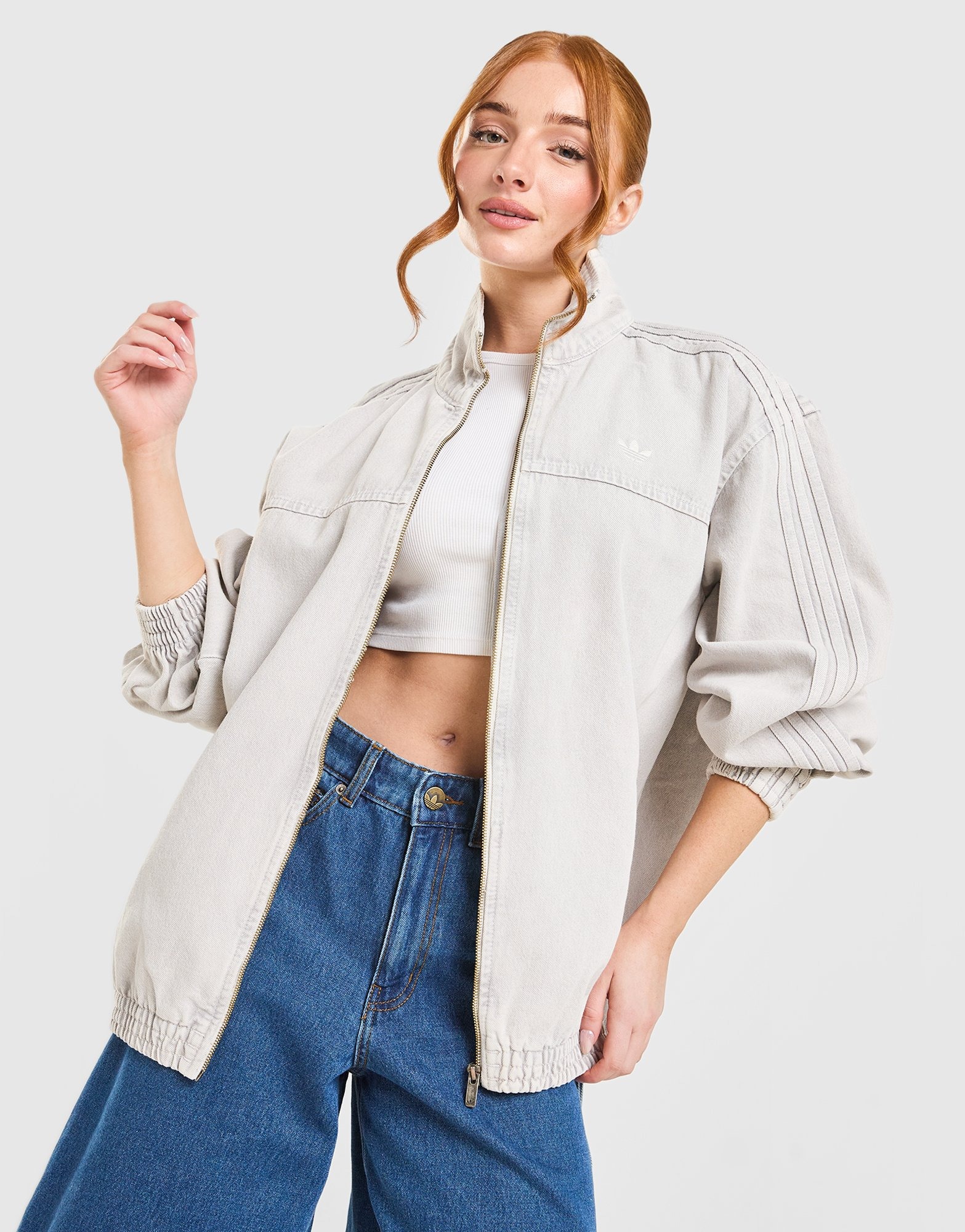 Grey adidas Originals Oversized Denim Firebird Track Top | JD