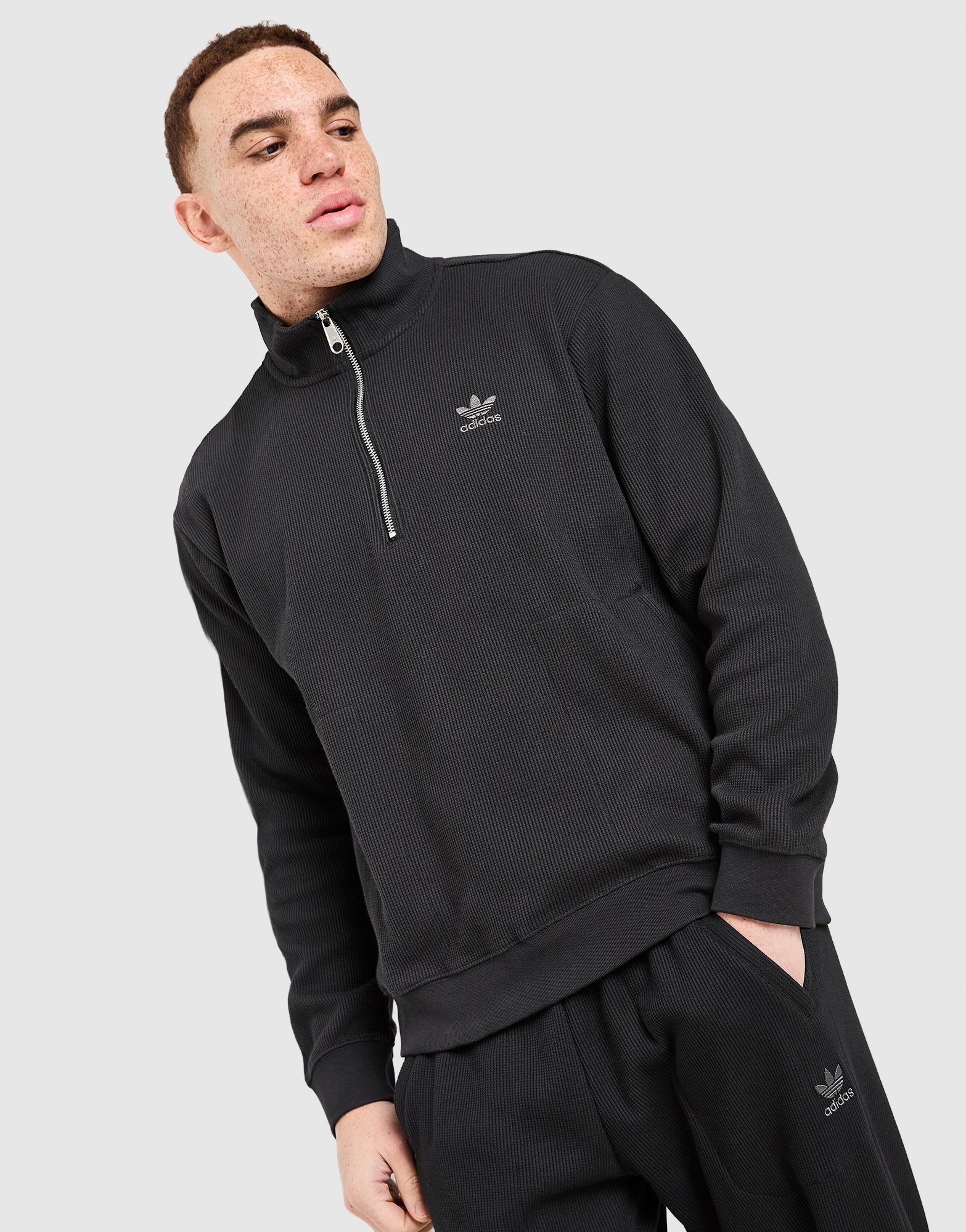 Black adidas Originals Waffle 1/4 Zip Sweatshirt | JD Sports UK