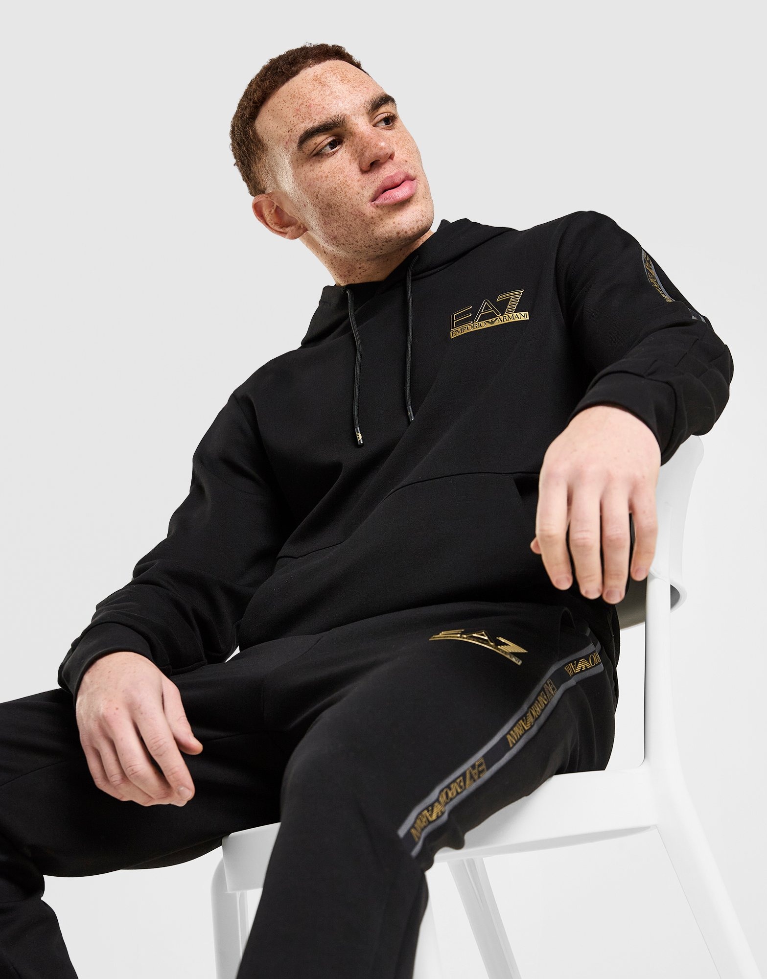 Black EA7 Emporio Armani Tape Centre Logo Overhead Hoodie - JD