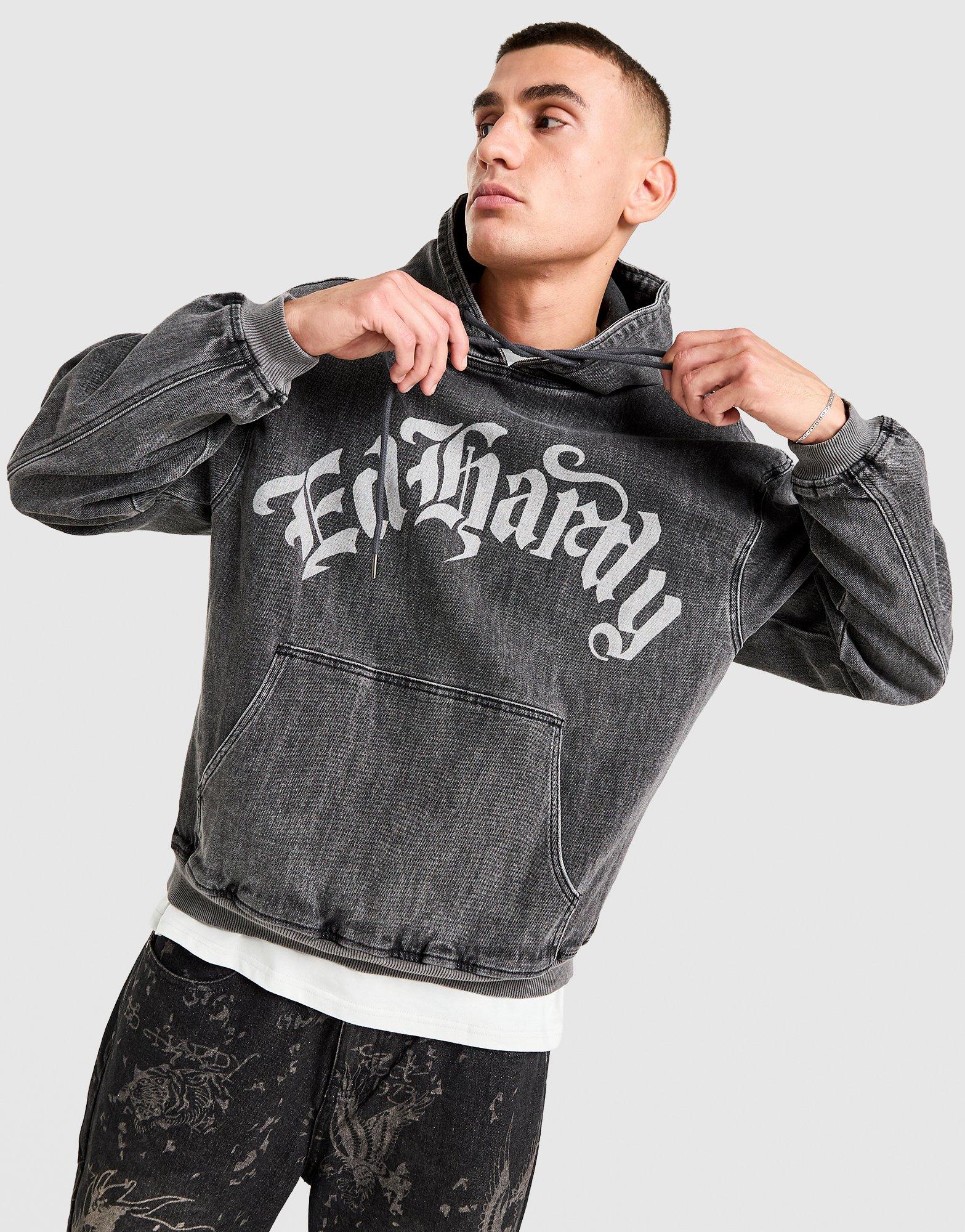 Ed Hardy Acid Wash Denim Felpa Con Cappuccio