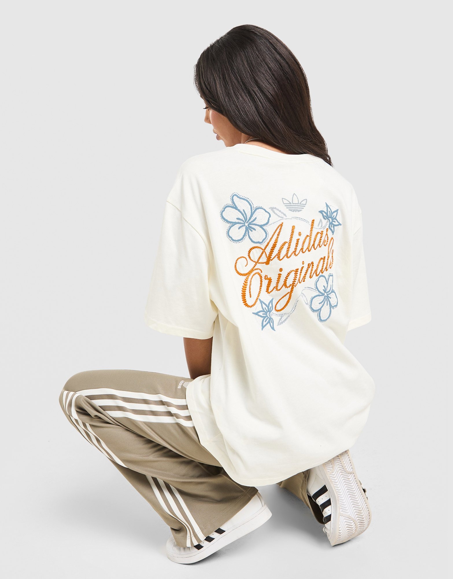 White adidas Originals Floral Stitch Boyfriend T-Shirt - JD Sports