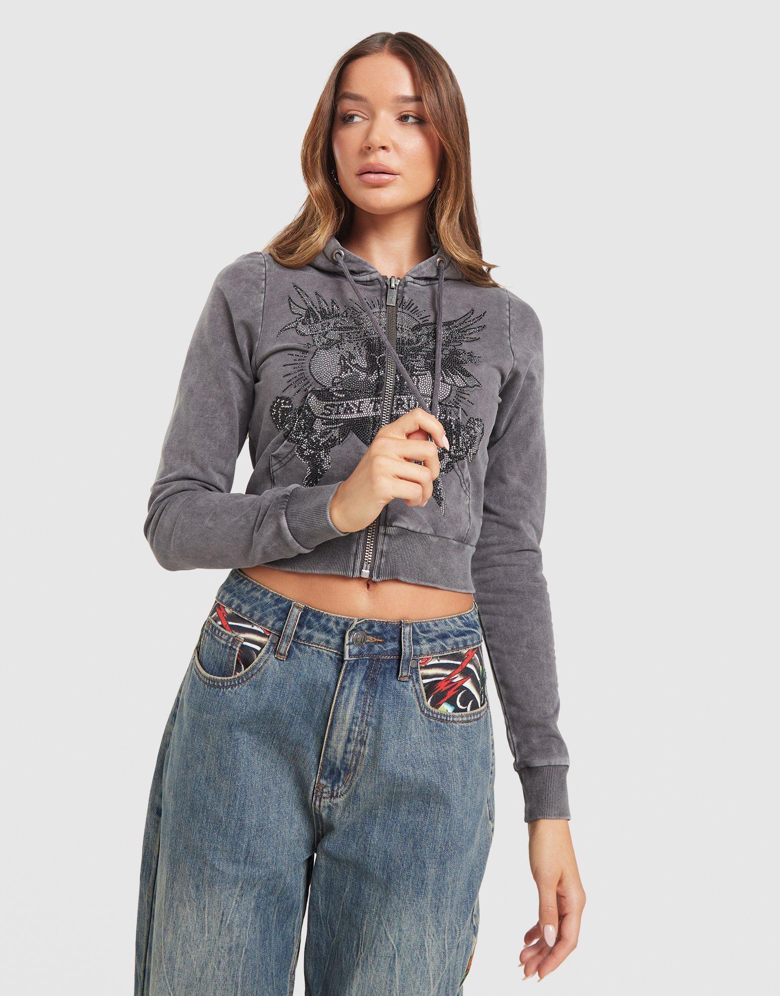 Ed Hardy True Diamante Cropped Full Zip Hoodie