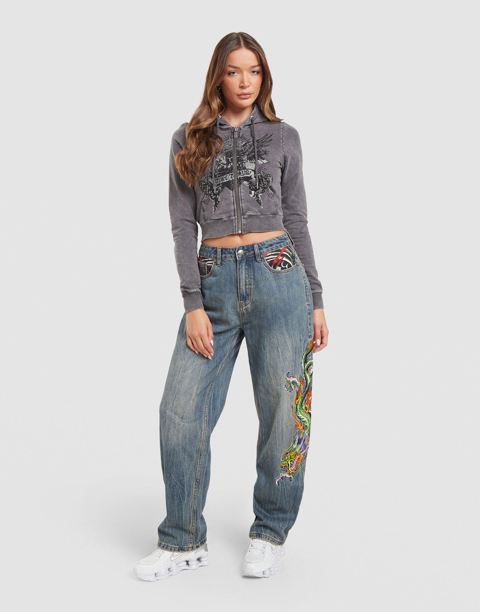 Ed Hardy True Diamante Cropped Full Zip Hoodie