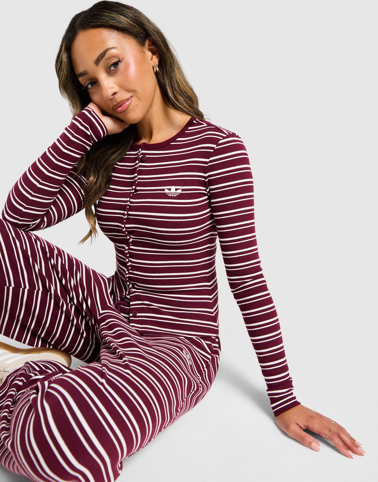 adidas Originals Striped Ribbed Button Long Sleeve Top