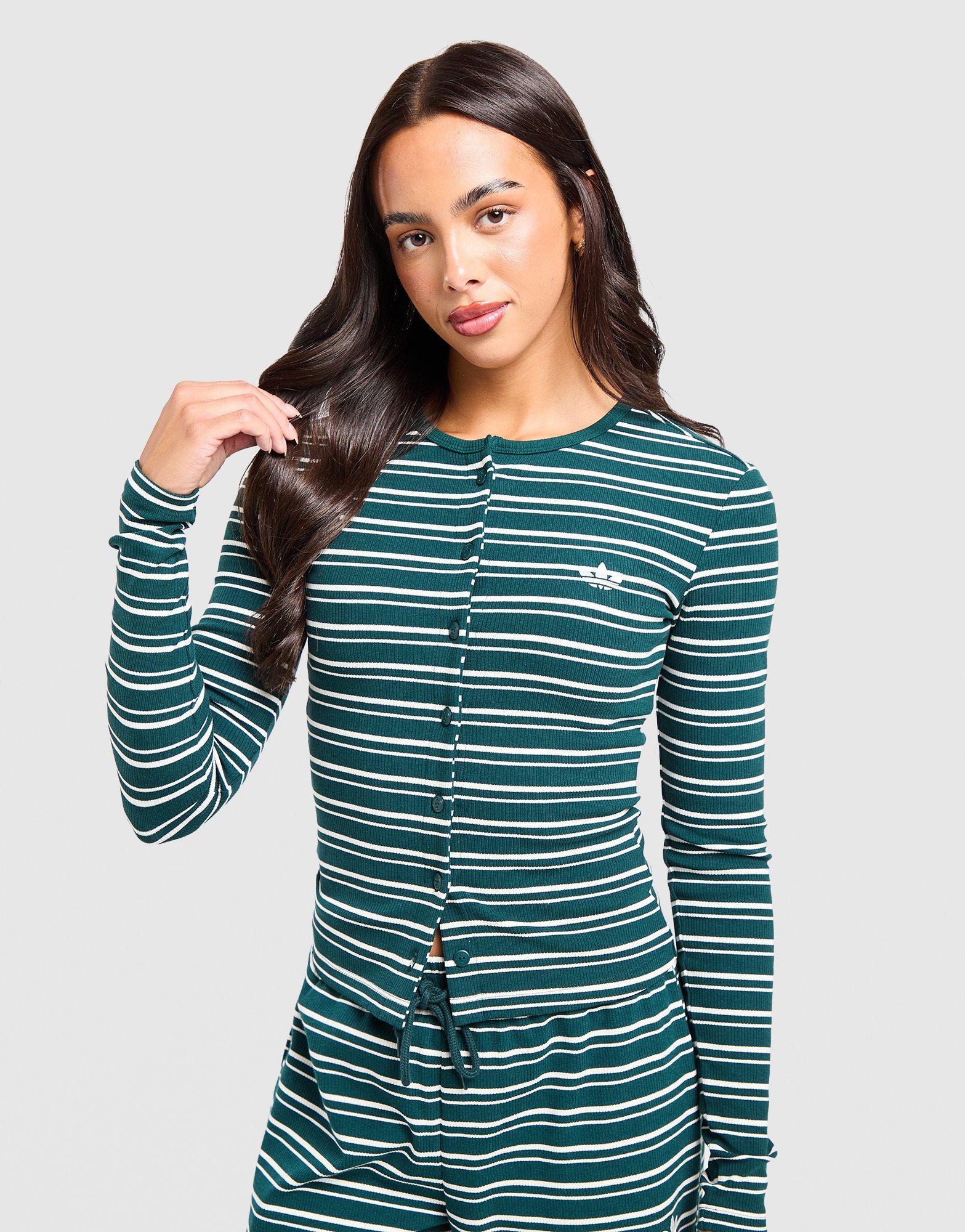 adidas Originals Striped Ribbed Button Long Sleeve Top