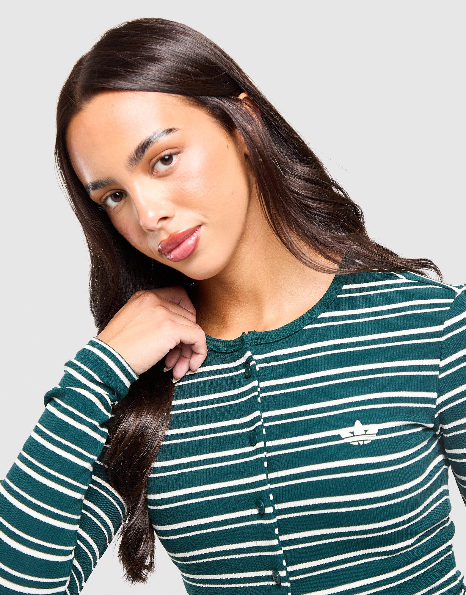 adidas Originals Striped Ribbed Button Long Sleeve Top
