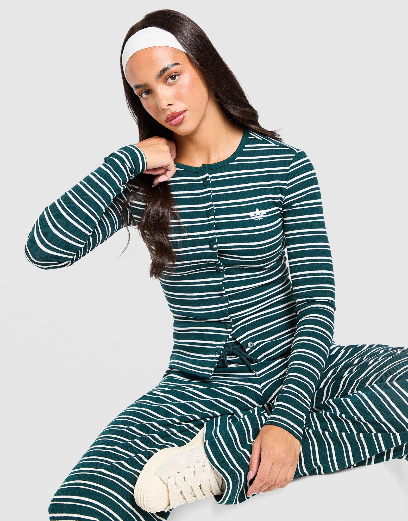 adidas Originals Striped Ribbed Button Long Sleeve Top