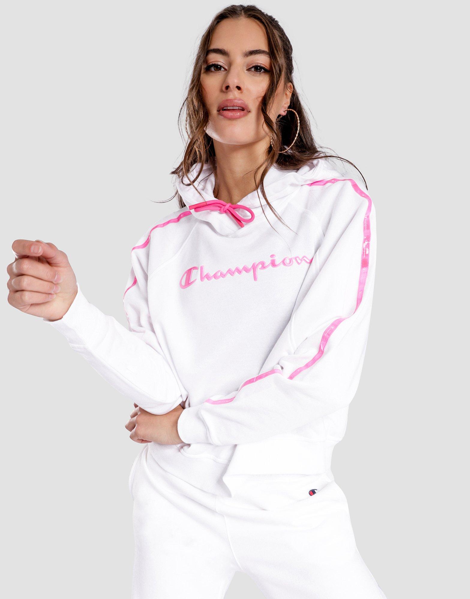 pink champion tape hoodie