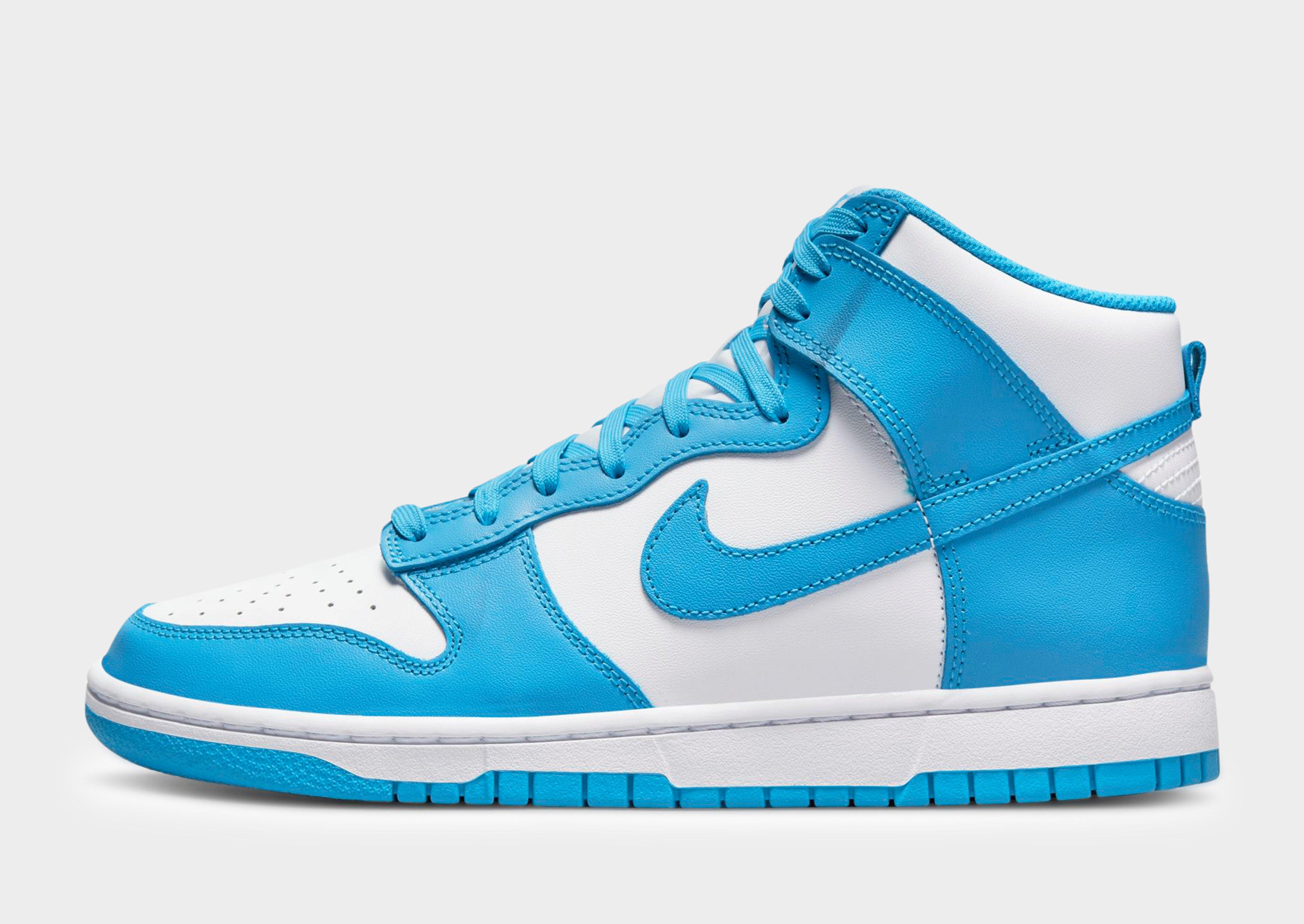 white and blue dunks high