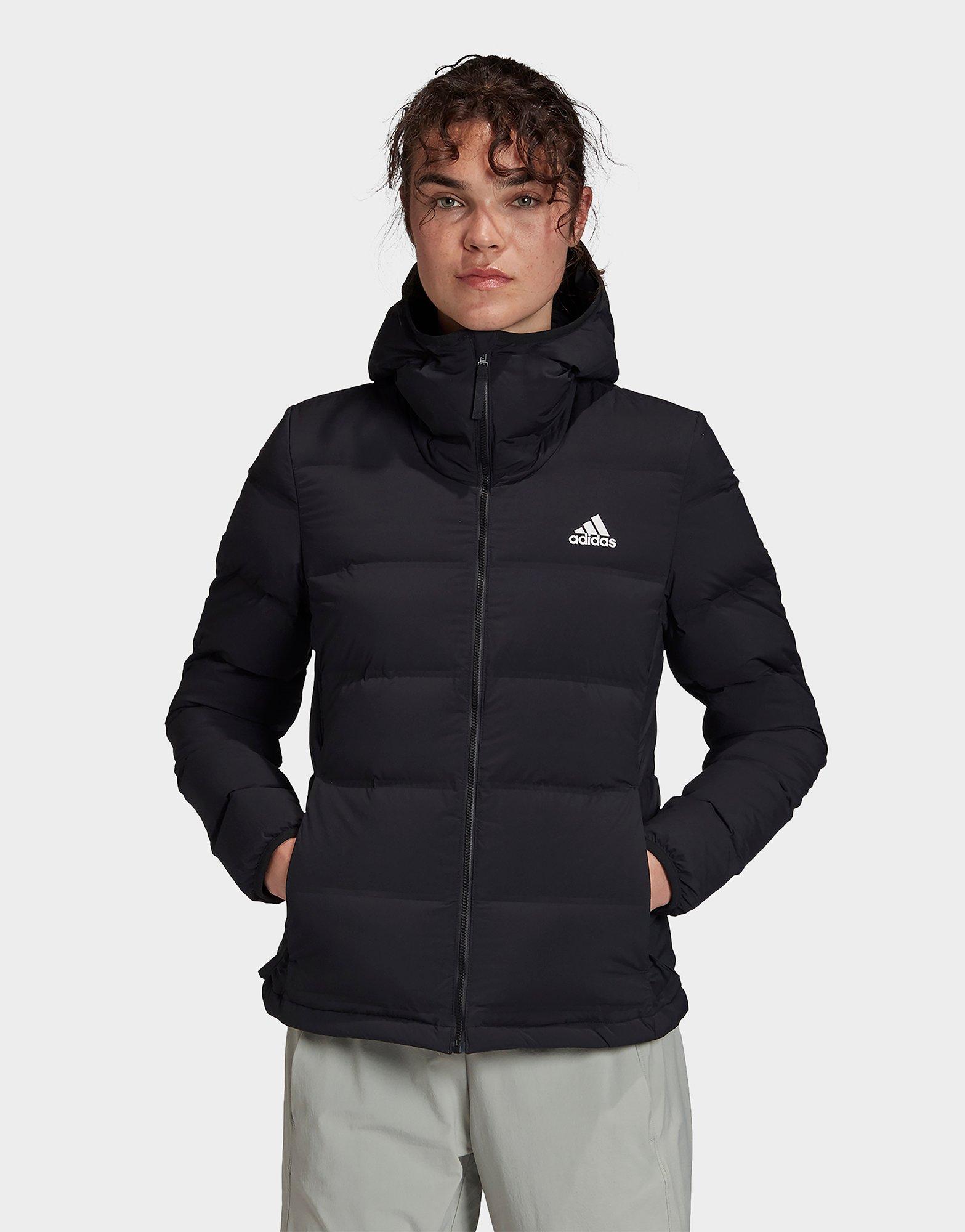 Black adidas Helionic Stretch Hooded Down Jacket | JD Sports UK