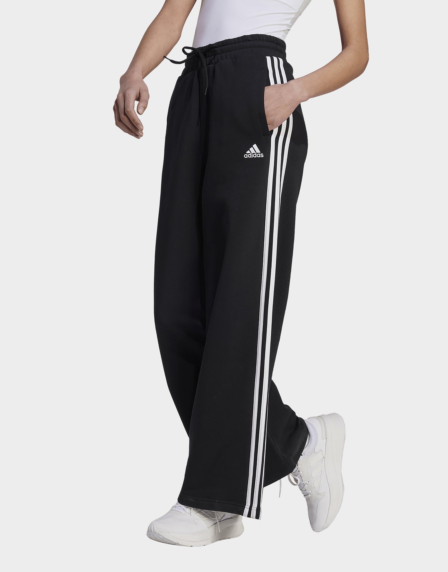 Black adidas Essentials 3-Stripes French Terry Wide Pants | JD Sports UK