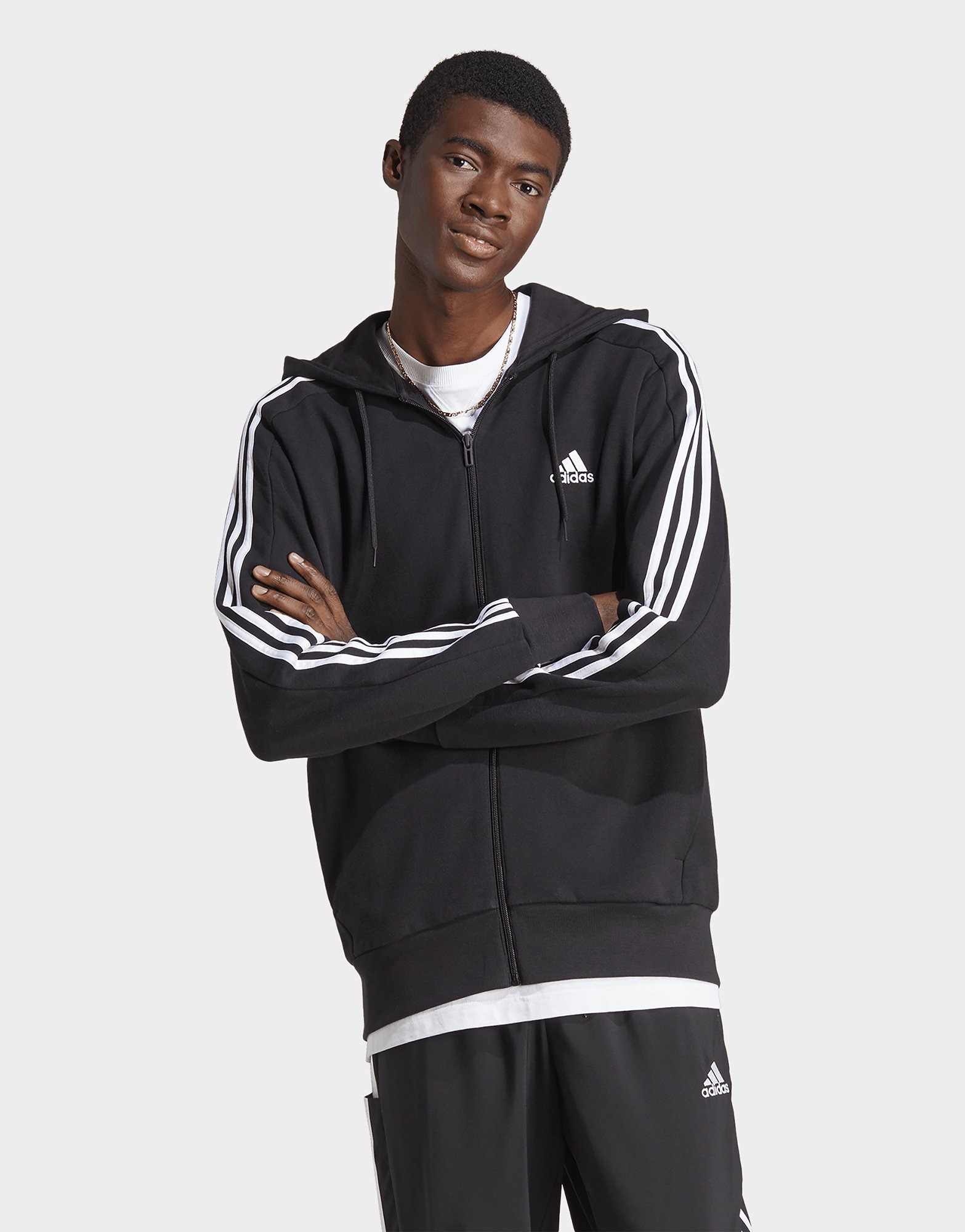 Black adidas Essentials French Terry 3-Stripes Full-Zip Hoodie | JD ...