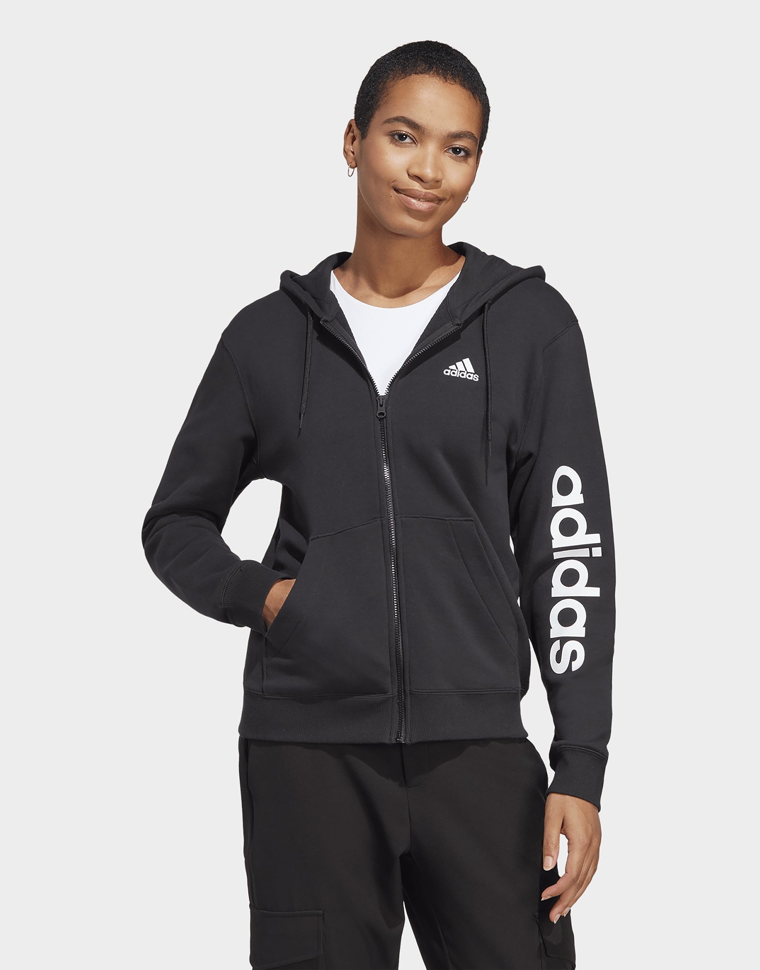 Black adidas Essentials Linear Full-Zip French Terry Hoodie | JD Sports UK