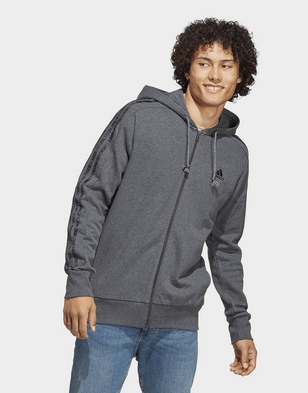 Grey adidas Essentials French Terry 3-Stripes Full-Zip Hoodie | JD