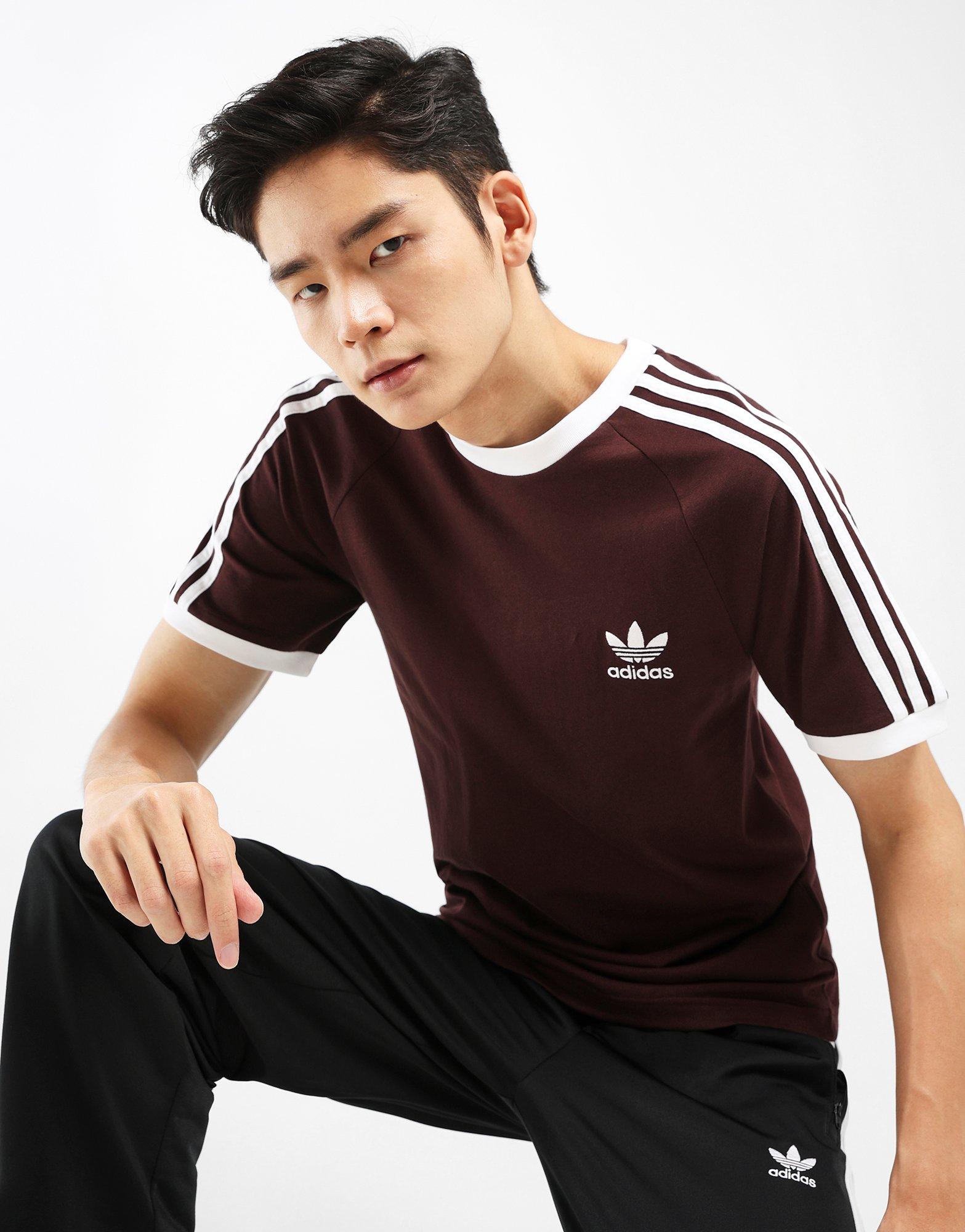 adidas originals 3 stripe t shirt burgundy
