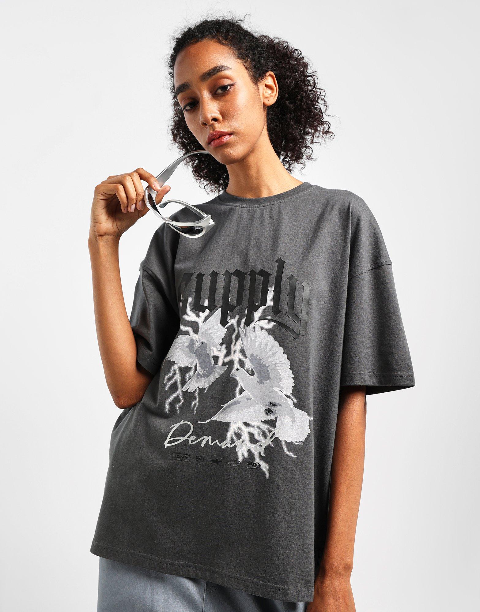 white blue and black graphic tee