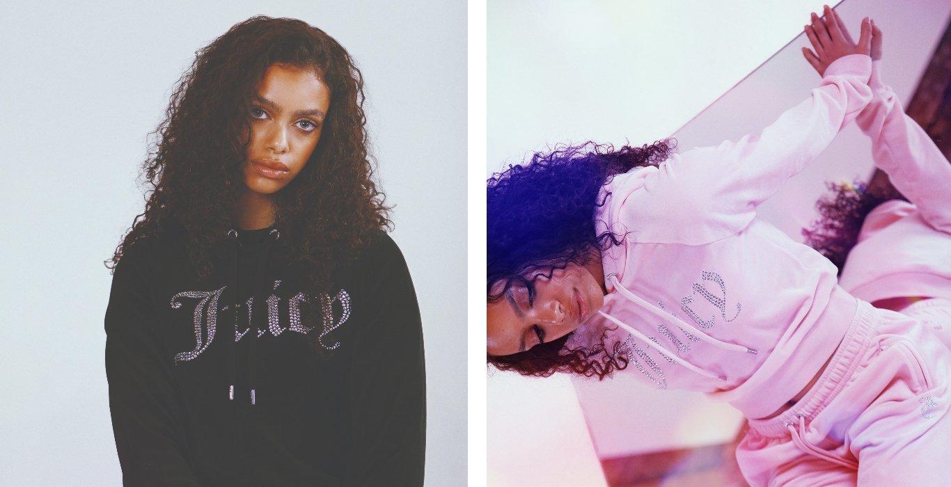 två bilder på en mörkhårig person i juicy couture-kläder med strassdetaljer