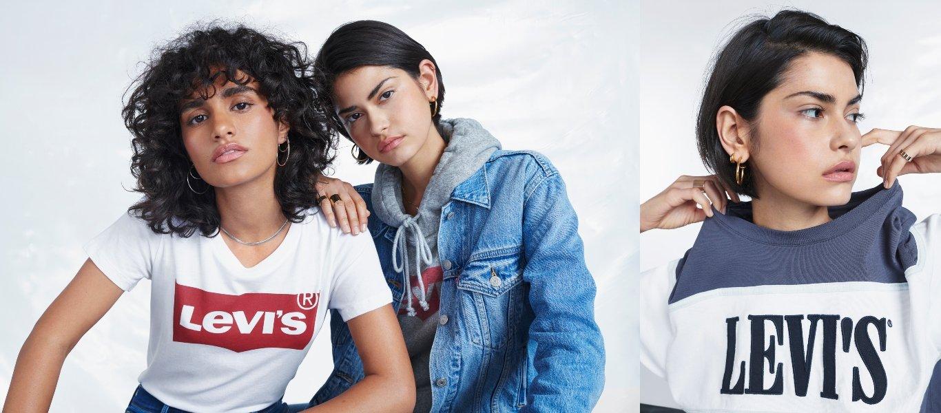 dos amigas llevan ropa Levi's para mujer en colores neutros