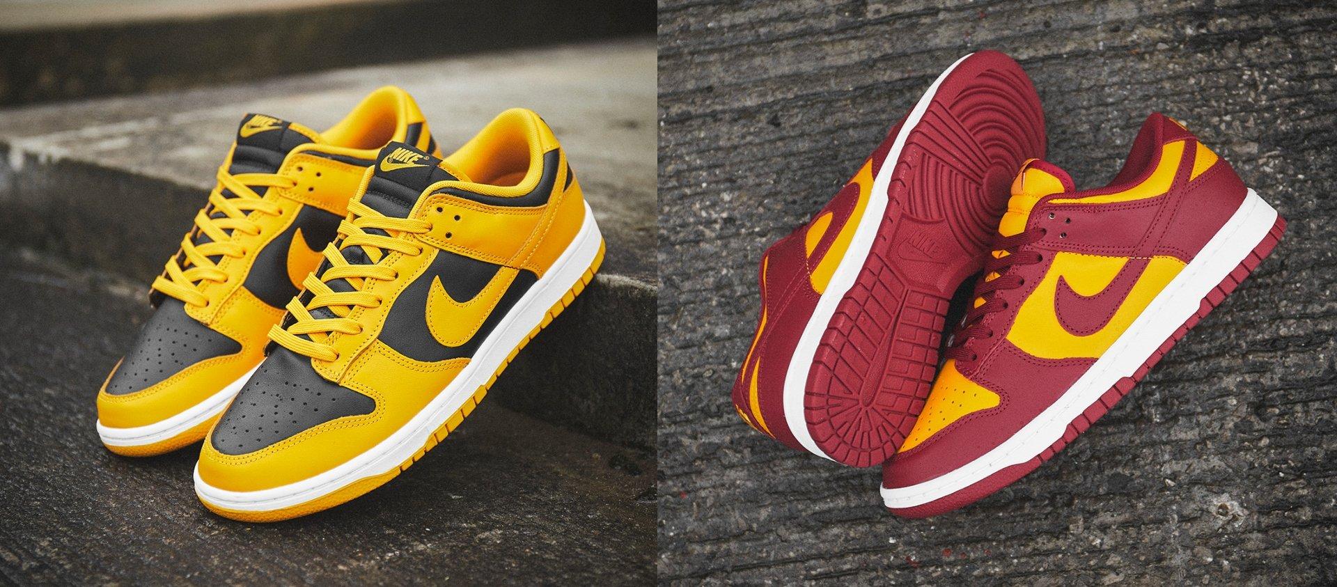 Två bilder på Nike Dunk Low Goldenrod och Midas Gold som står lutade mot en stentrappa