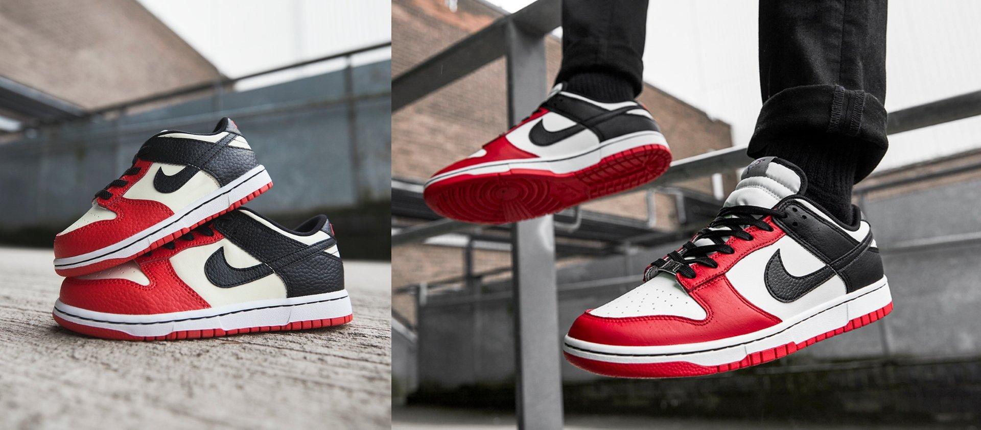 Två bilder som är tagna vid en grå stentrappa och visar Nike Dunk Low Retro EMB