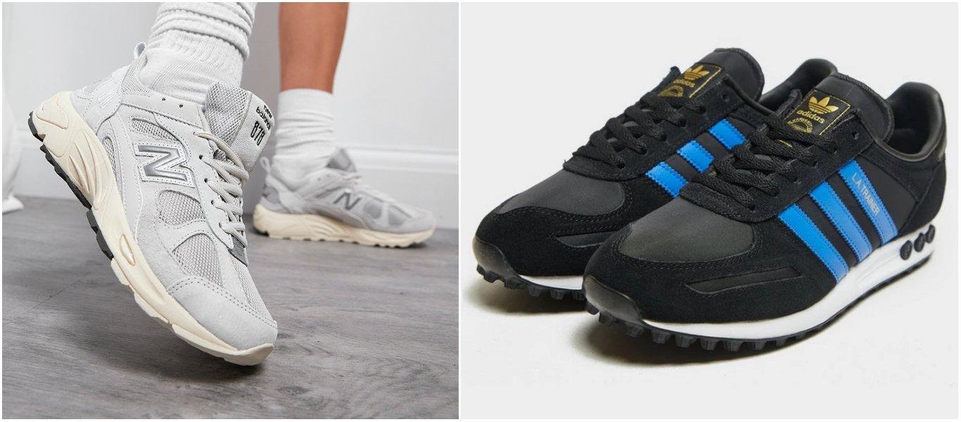 Ljusgråa New Balance 878 på person i inomhusmiljö och ett par svarta adidas LA Trainer med 3-Stripes i stark blå färg