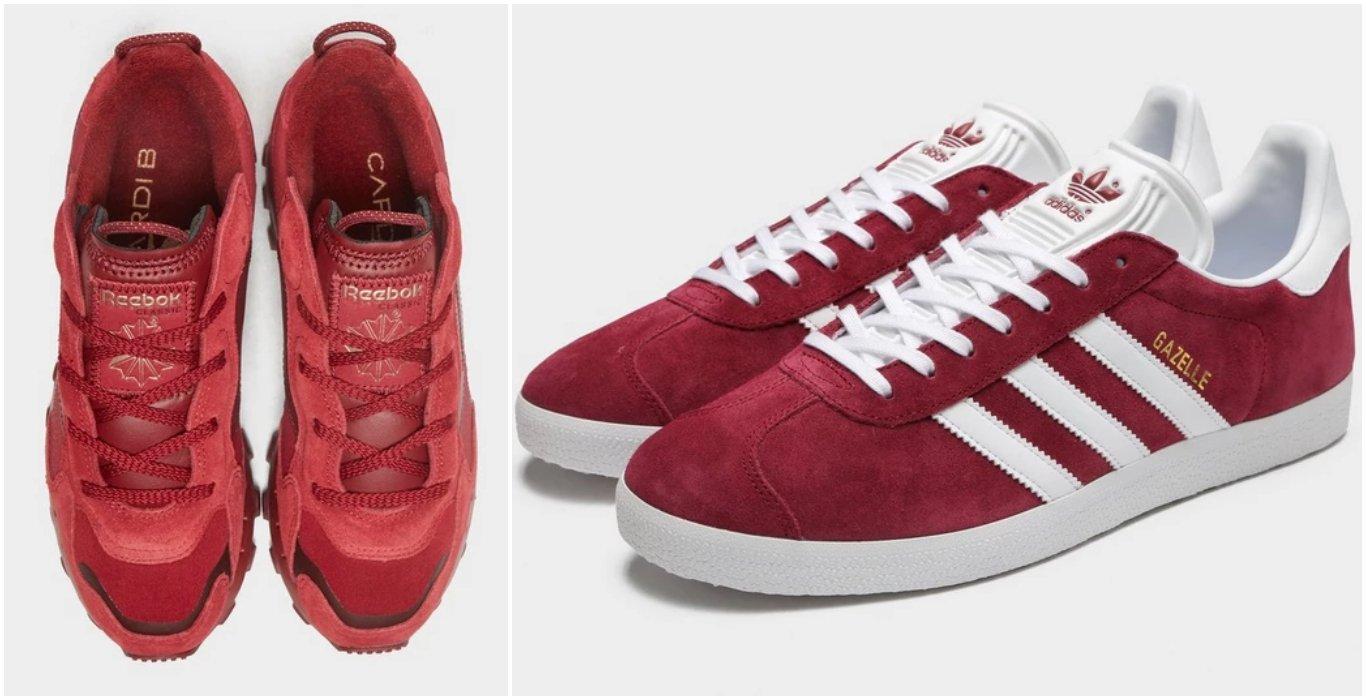 två bilder på röda skor, ett par Cardi B sneakers och ett par adidas Gazelle