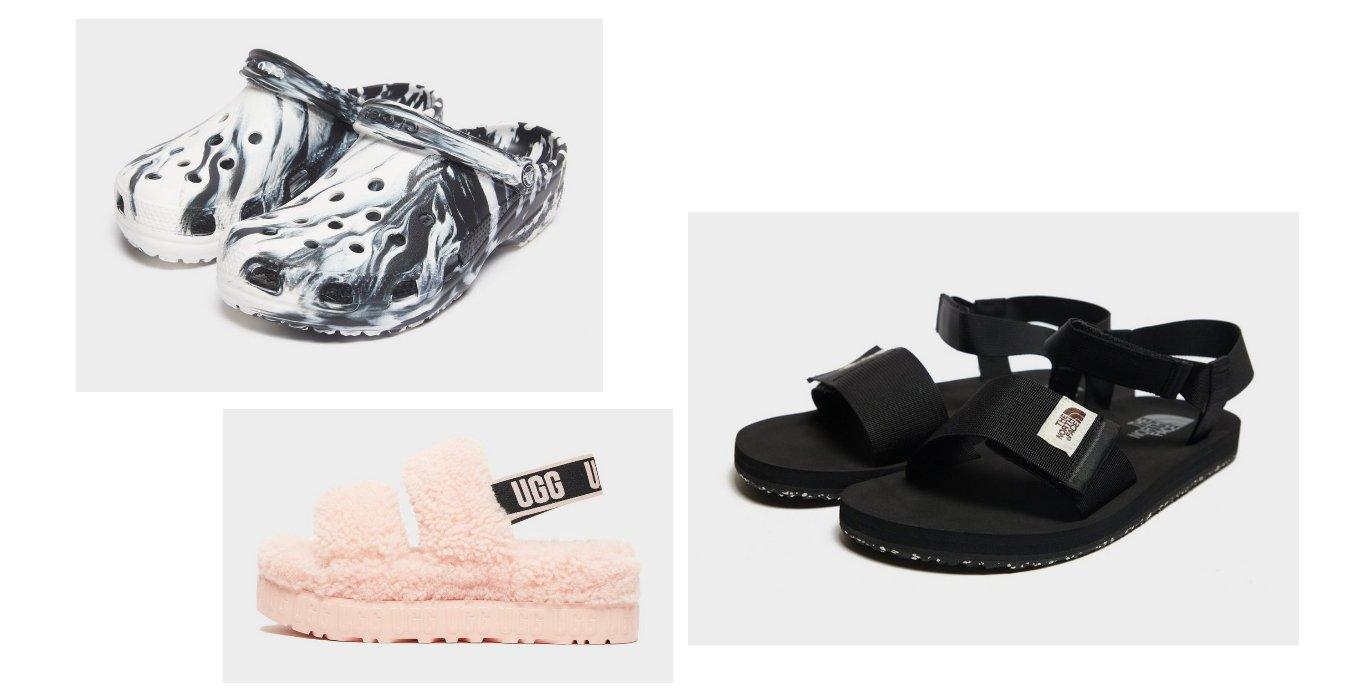 a pair of marble crocs, a pair of fluffy UGGs and a pair of black Skeena sandals from The North Face