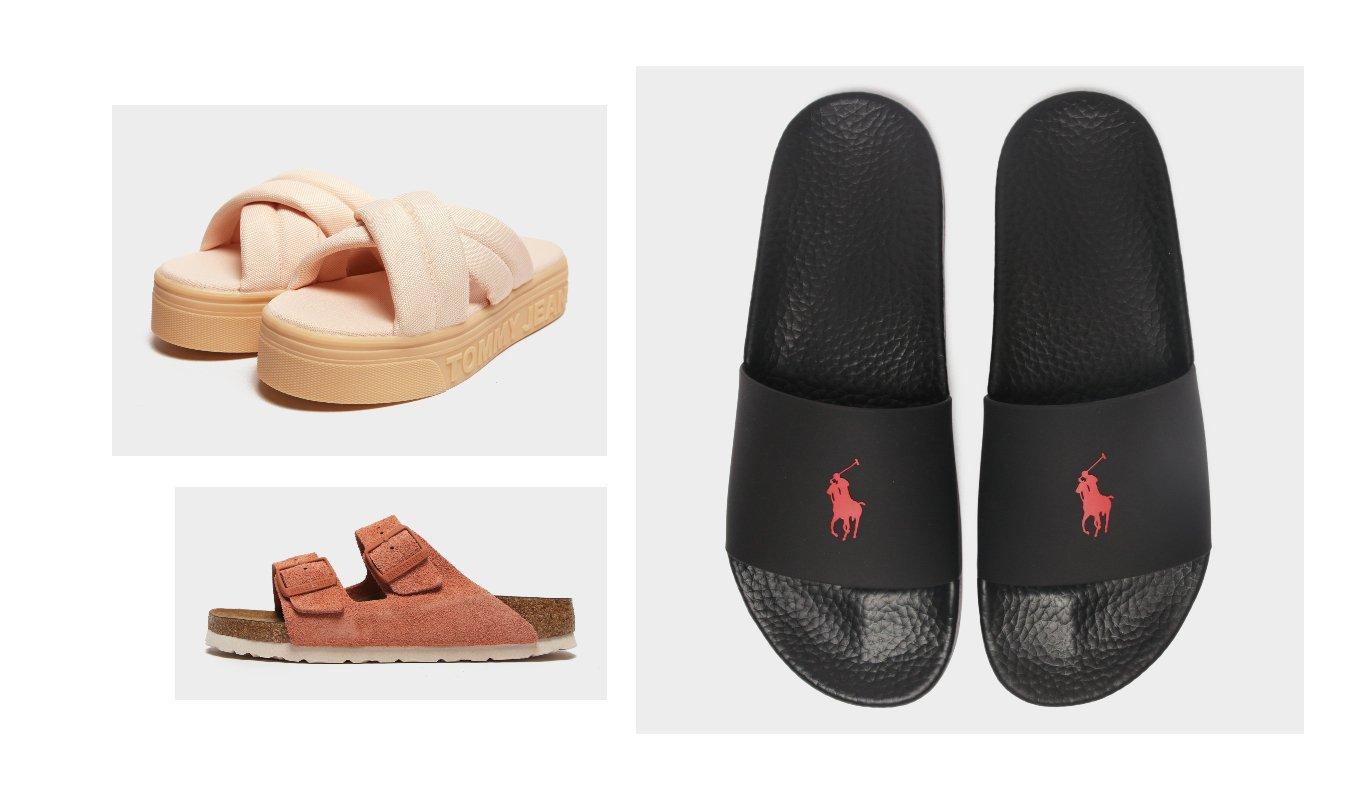 a pair of platform Tommy Jeans slippers, a pair of pink Birkenstock Arizona and a pair of black Polo Ralph Lauren slippers