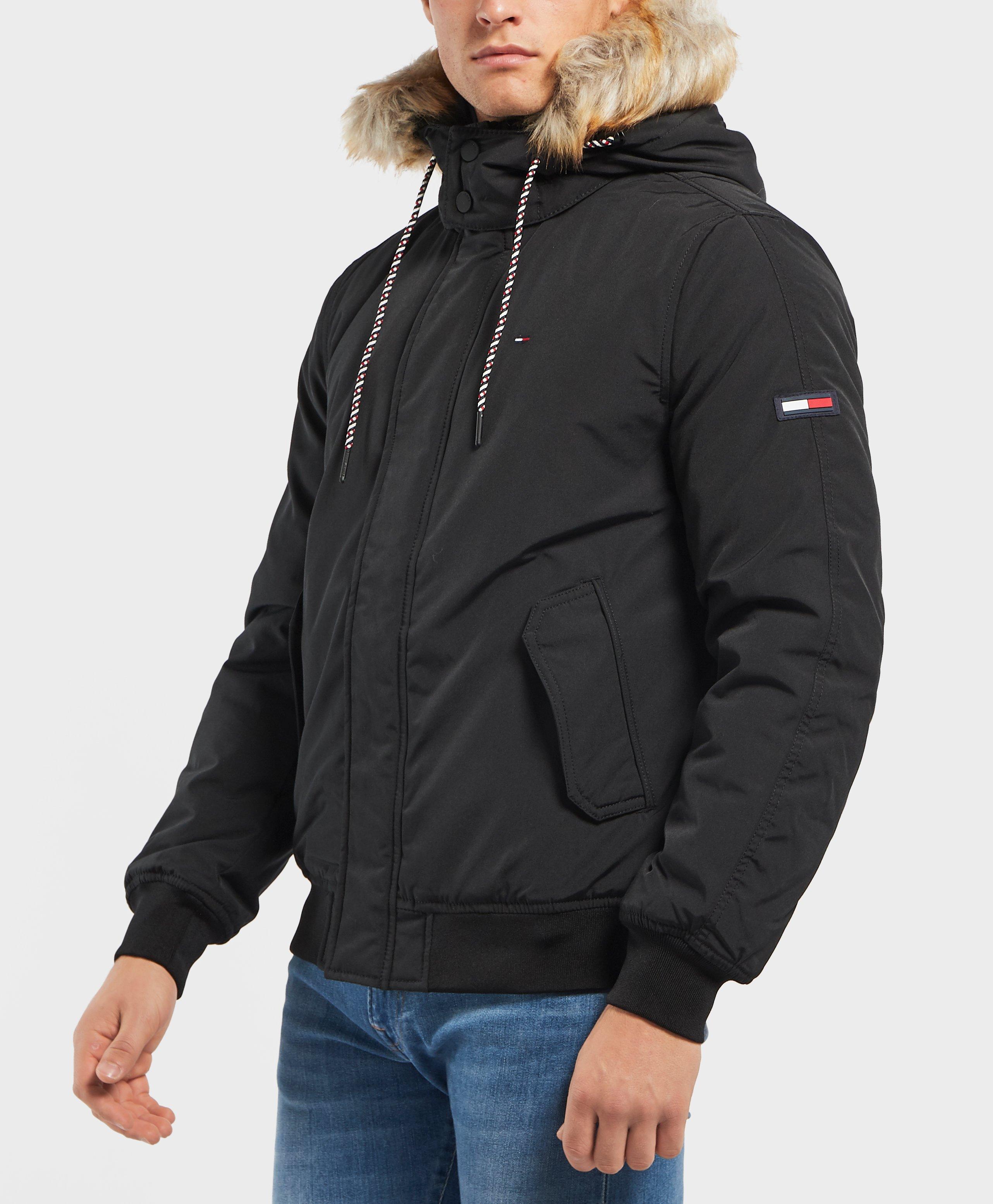 tommy jeans technical quilted bomber jacket faux fur trim hood in black