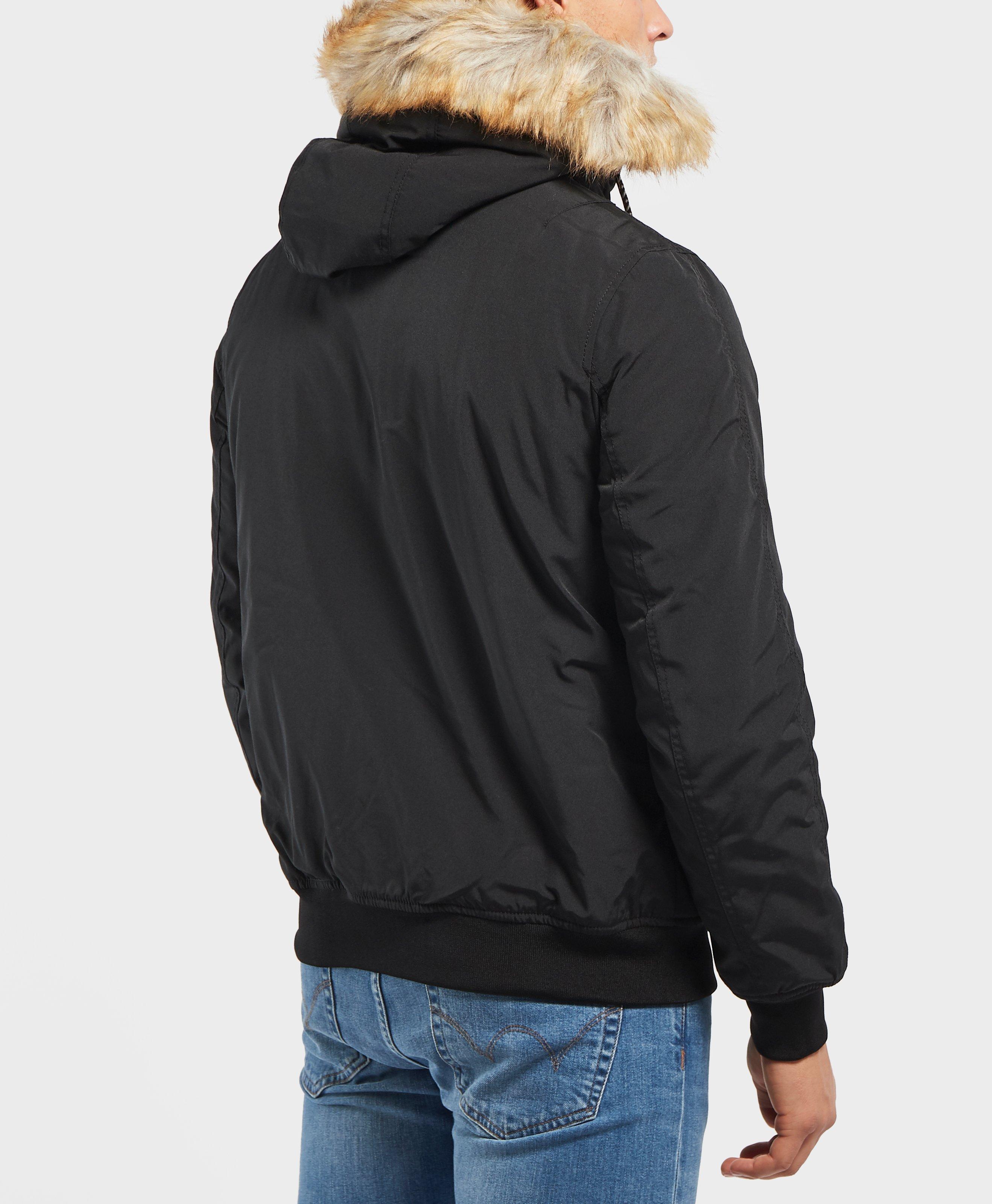 tommy jeans technical quilted bomber jacket faux fur trim hood in black