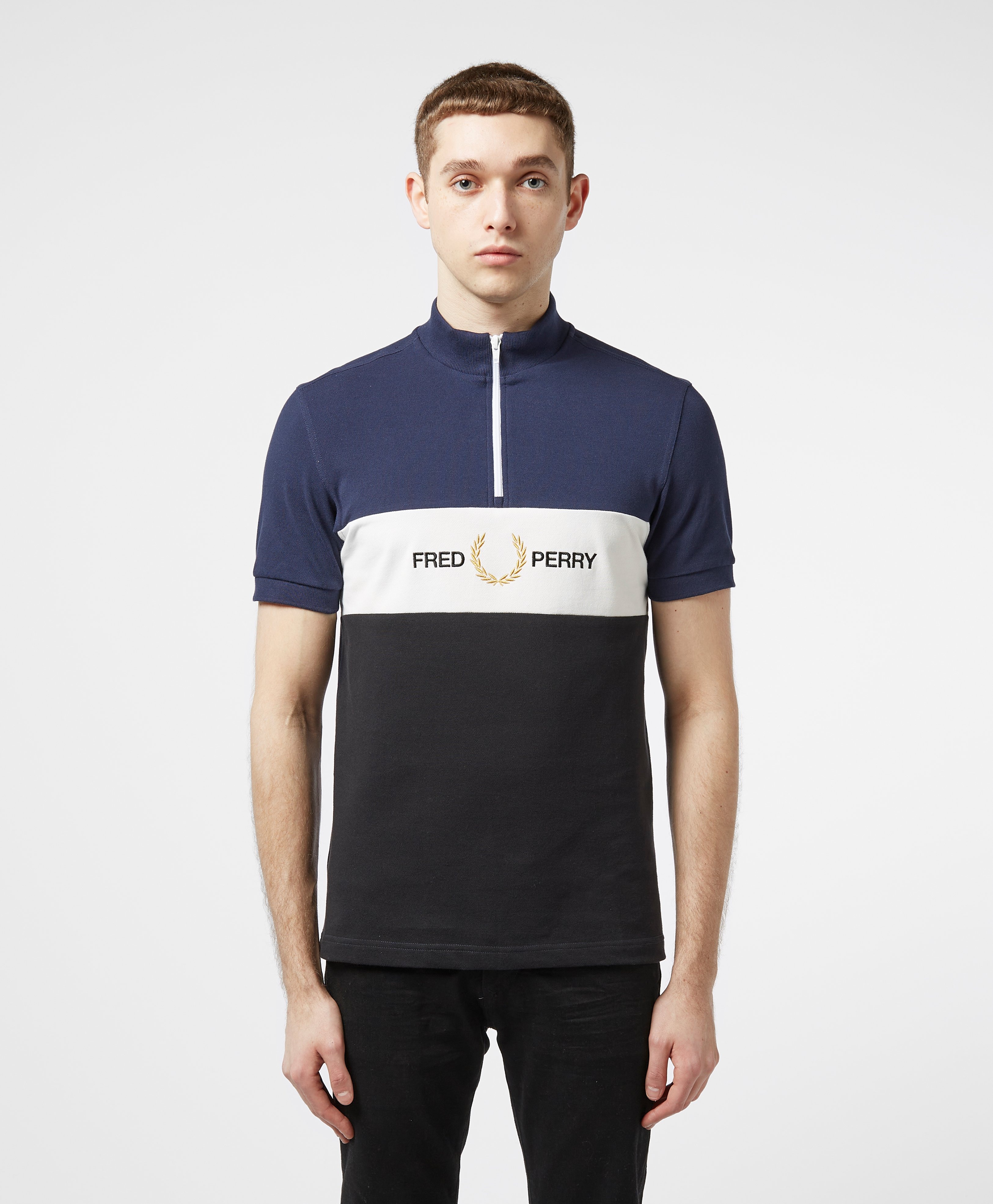 fred perry embroidered panel half zip sweat in grey