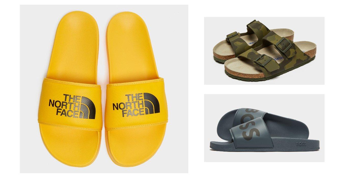 a pair of yellow The North Face slippers, a pair of green camo Birkenstocks and a pair of blue BOSS slippers