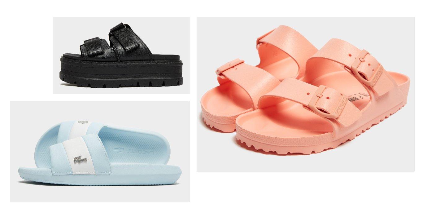 a pair of black platform sandals, a pair of blue Lacoste slippers and a pair of pink Birkenstock
