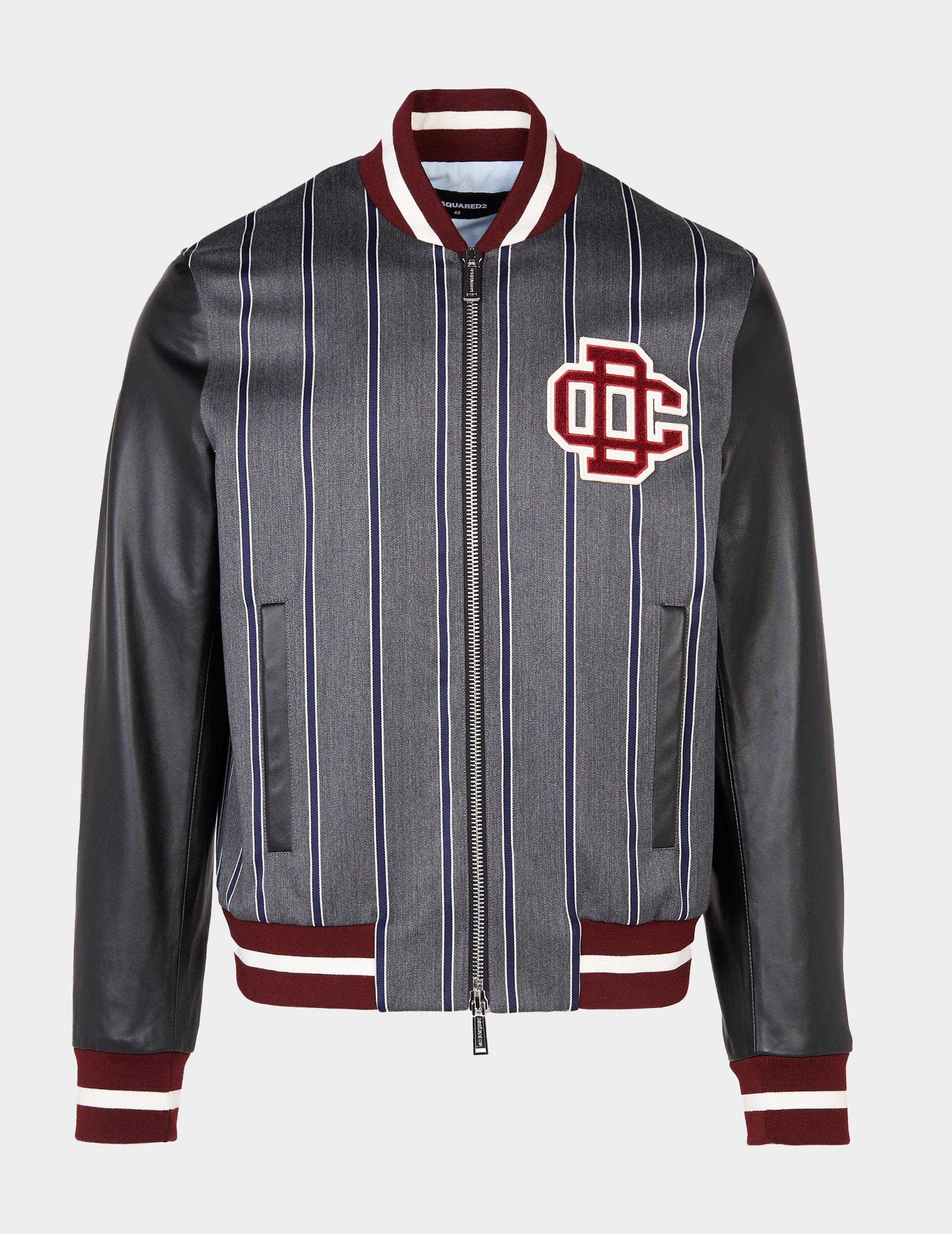 red and grey varsity jacket