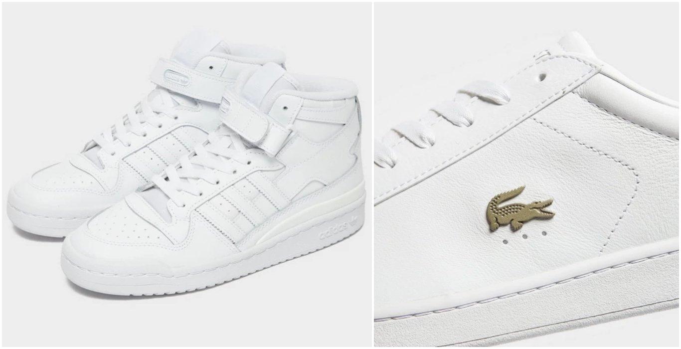 två bilder på vita skor, ett par adidas mid sneakers och ett par lacoste