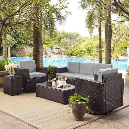 Crosley  Palm Harbor 5-Piece Wicker Set and Sand Cushions with Two Swivel Rockers Sofa Side Table and Coffee Table