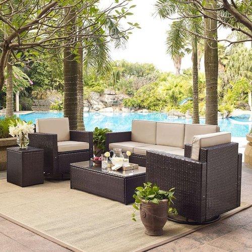 Crosley  Palm Harbor 5-Piece Wicker Set and Sand Cushions with Two Swivel Rockers Sofa Side Table and Coffee Table