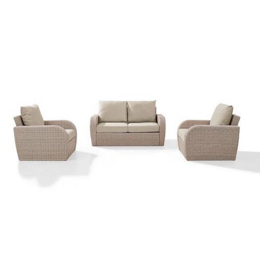 Crosley  St Augustine 3-Piece Wicker Set and Mist Cushions with Loveseat and Two Armchairs