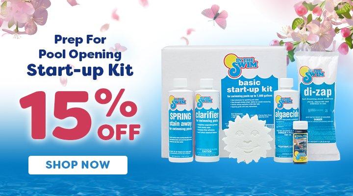 An image advertising 15% off pool opening start-up kits