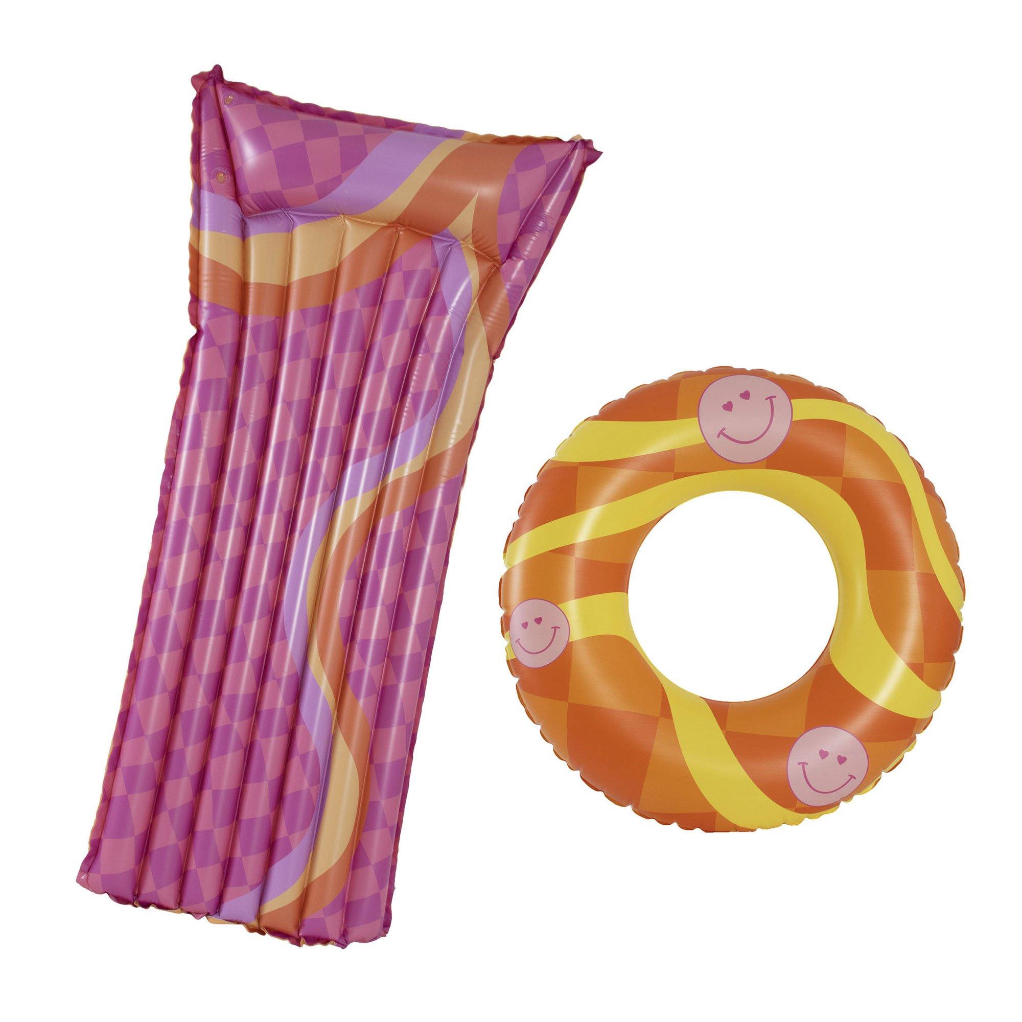 Smiley Graphic Inflatable Tube and XL Pillow Raft Pool Floats  2 Piece Set