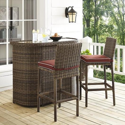 Crosley  Bradenton 3-Piece Wicker Bar Set with Bar and Two Stools and Sand Cushions
