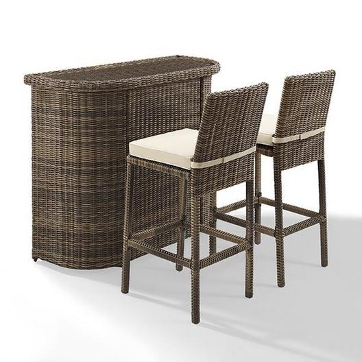 Crosley  Bradenton 3-Piece Wicker Bar Set with Bar and Two Stools and Sand Cushions