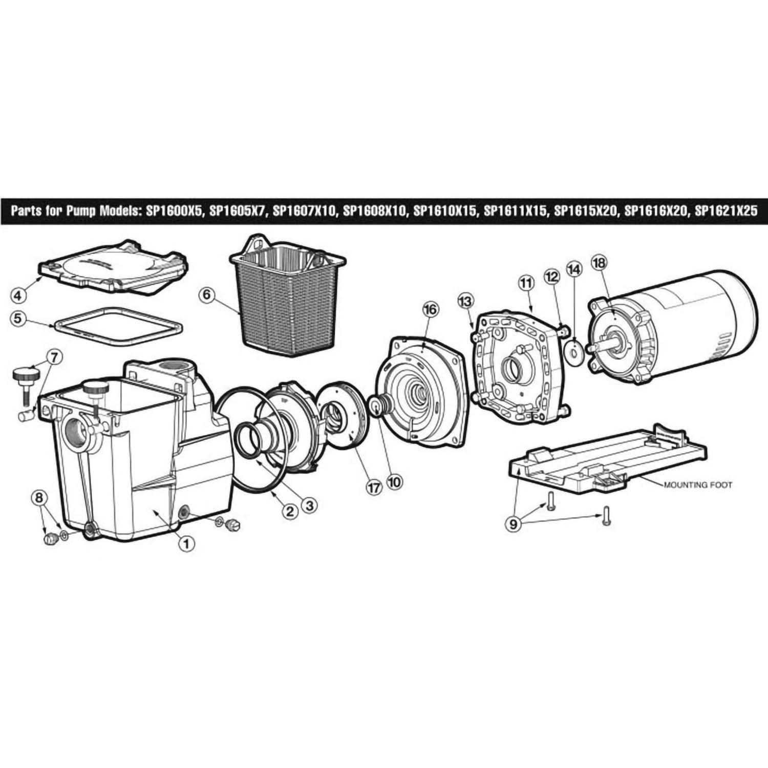 Hayward Super Pump Series Super Pump SP1600X Max-Rated Pump Part Schematic