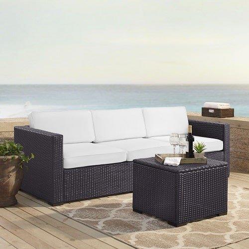 Crosley  Biscayne 3 Person Wicker Set with White Cushions  Loveseat Corner Chair and Coffee Table